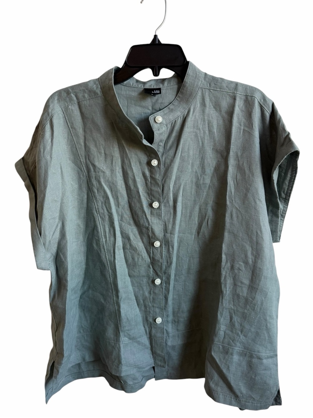 Lisa Bayne Large 100% Linen Charcoal Gray Button Down Short Sleeve Shirt B10